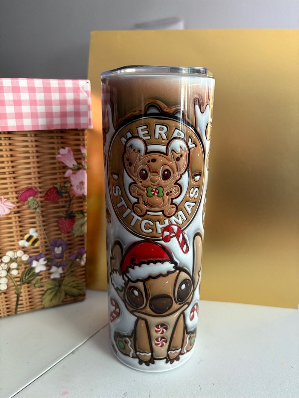Hand Crafted White and Brown Holiday Coffee Tumbler
